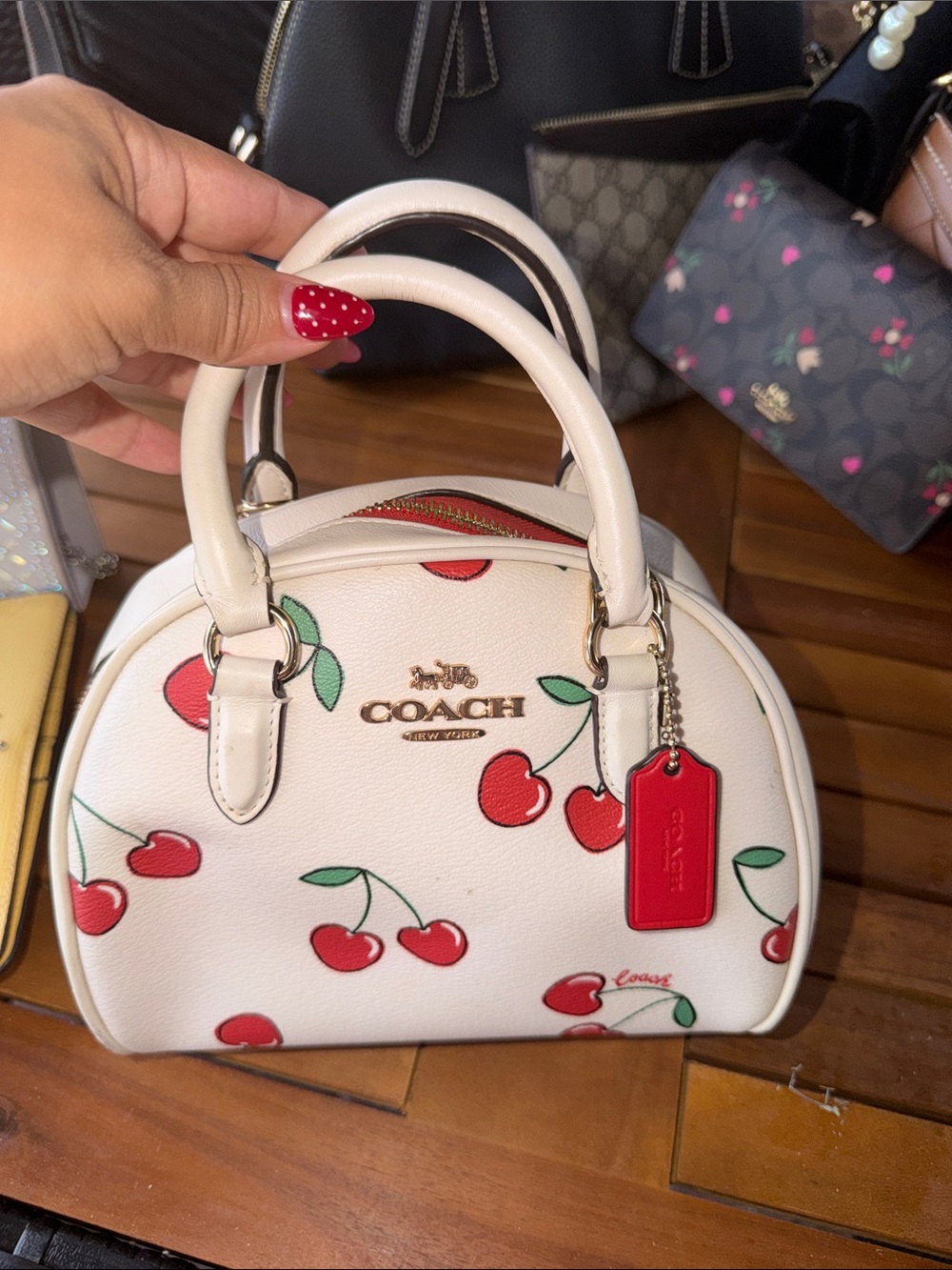 Coach White Leather Mini Dome Satchel with Red Cherry Print